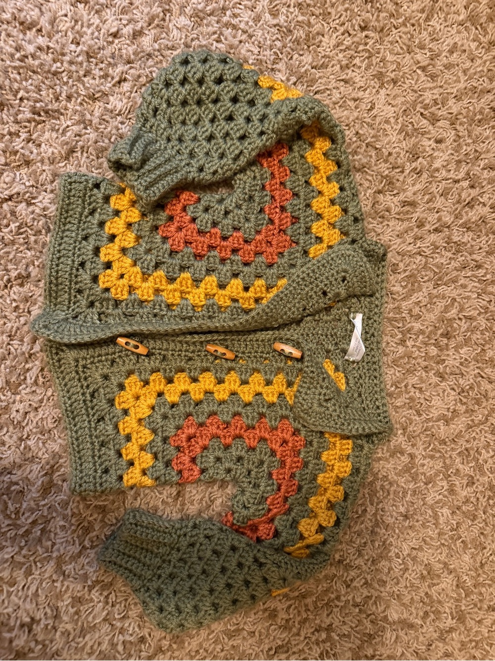Handmade Retro Granny Square Cardigan Sweater Sage Green Toddler 12M 2T
